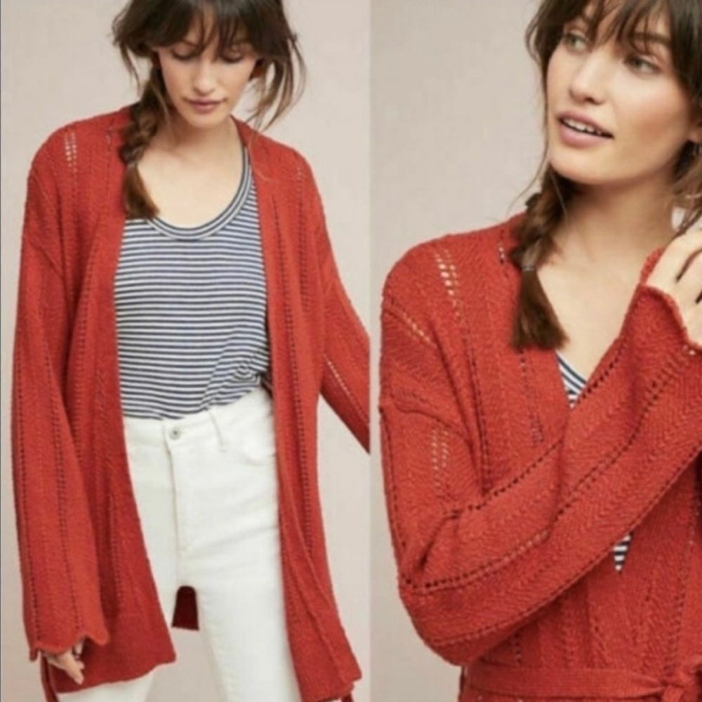 Meadow rue by Anthropologie Rust
Pointelle Knit Tie Cardigan
Size: XS. Preloved